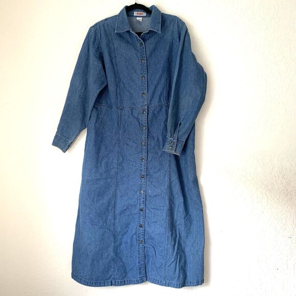 Vintage FADS Denim Maxi Shirt Dress 16W Button Up Western Boho Country Cottage - Picture 1 of 13